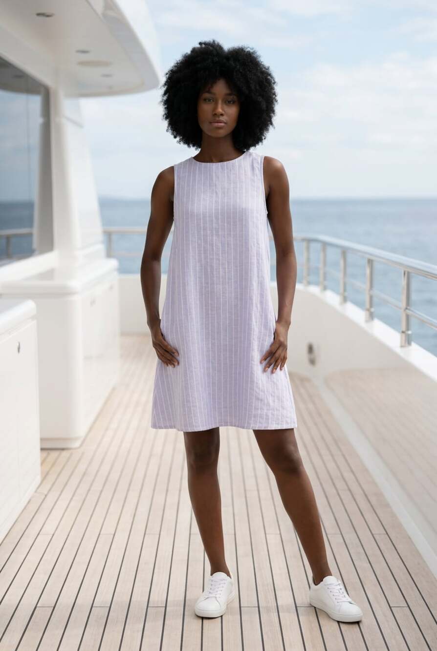 beachlunchlounge Mali Sleeveless Striped Linen-Blend Mini Shift Dress in Xenon B